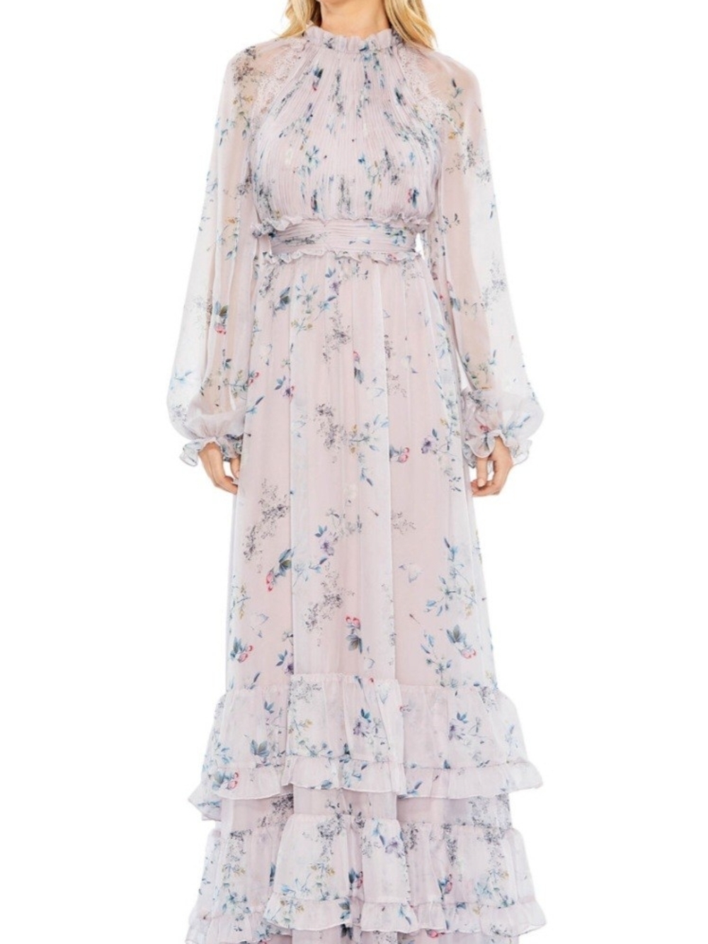 Mac Duggal 68199 Lilac Multi Floral Chiffon Tiered Ruffle Gown Size 12 NWT